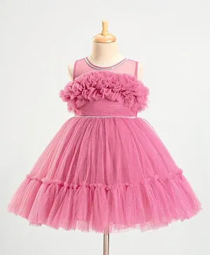 Bluebell Woven Sleeveless Party Frock with Net Detailing & Foil Print - Pink