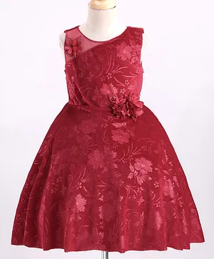 Bluebell Velvet Sleeveless Party Frock with Floral Print & Applique - Maroon