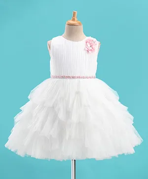 Bluebell Net Sleeveless Party Frock with Floral Applique - White