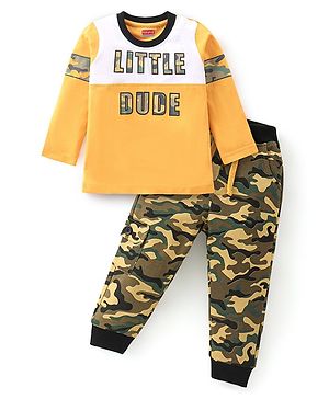 Babyhug 100% Cotton Full Sleeves Text Printed T-Shirt & Camouflage Lounge Pant Set - Yellow & Green
