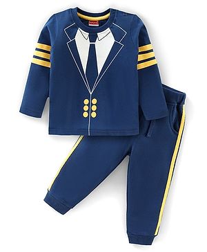 Babyhug Cotton Knit Full Sleeves T-Shirt & Lounge Pant Set Coat Print- Navy Blue