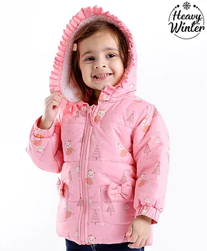 Babyoye Full Sleeves Hooded Jacket with Bear Print & Bow Applique - Pink
