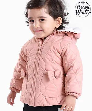 Babyoye Woven Full Sleeves Padded Hood Sherpa Lined Jacket With Solid Colour - Peach