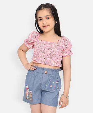 Nauti Nati Puffed Sleeves Floral Printed Smocked Crop Top - Pink