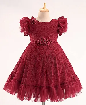 Bluebell Lace DC Half Sleeve Lace Party Frock With Floral Applique - Maroon