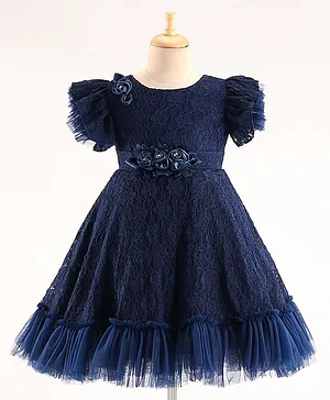 Bluebell Lace DC Half Sleeve Party Frock With Floral Applique - Navy Blue