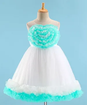 Bluebell Sleeveless Net DC Party Frock With Heart Applique - White & Green