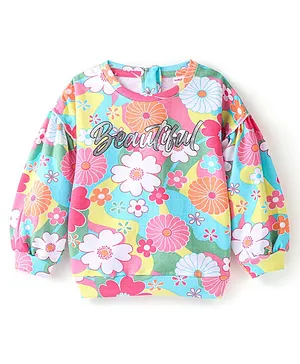 Babyhug Cotton Knit Balloon Sleeves Sweatshirt With Floral Print & Frill Detailing - Multicolour