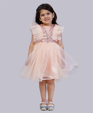 Bella Moda Sleeveless Sequin Bodice Embellished & Frill Detailed Fit & Flare Dress - Peach