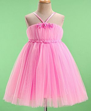 Bluebell Net Sleeveless Party Dress with Floral Applique - Pink