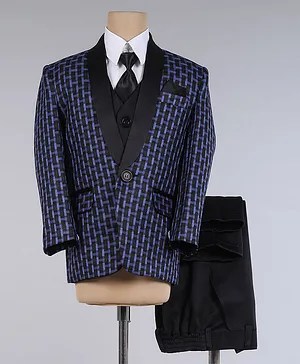 Jeet Ethnics Full Sleeves Abstract Checked Self Design 5 Piece Party Suit  - Navy Blue