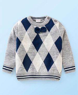 Babyhug Knit Full Sleeves Sweater With Checks Design & Bow Applique  - Grey