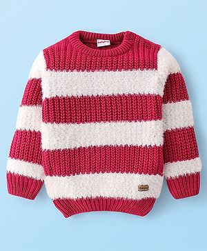 Babyhug Knit Full Sleeves Pullover Sweater Striped - White & Fuschia