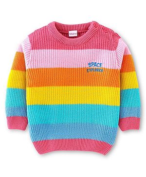 Babyhug Knit Full Sleeves Sweater Stripes & Text Embroidery - Yellow Blue & Pink