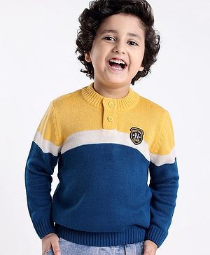 Babyhug Knit Full Sleeves Sweater with Colour Block Design - Blue & Yellow
