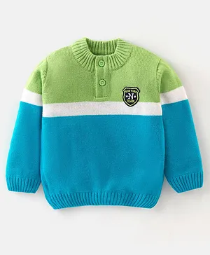 Babyhug 100% Acrylic Knit Full Sleeves Colour Block Sweater - Mint Blue & Green