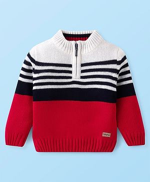 Babyhug Knit Full Sleeves Color Block Pullover Sweater  - White & Red