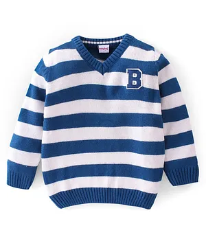 Babyhug 100% Acrylic Knit Full Sleeves Sweater With Striped & Embroidery - Blue & White