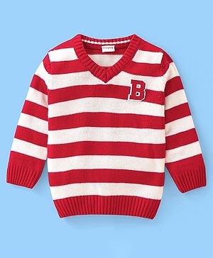 Babyhug Knit Full Sleeves Striped Pullover Sweater with B Applique - Red & White