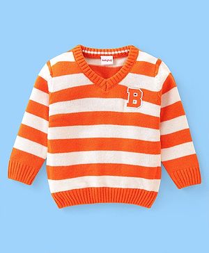 Babyhug Knit Full Sleeves Striped Pullover Sweater with B Applique - Orange & White