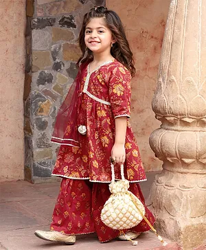 Teentaare Cotton Full Sleeves Kurta & Sharara Set With Dupatta Floral Print- Red