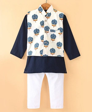 Teentaare Cotton Full Sleeves Kurta & Pajama Set with Coat Floral Print - White & Blue