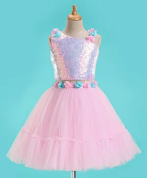 Bluebell Net DC Sleeveless Sequins Detailing Top with Floral Corsage Skirt - Pink