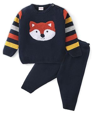 Babyhug Full Sleeves Baby Sweater Set Foxy Design - Navy Blue