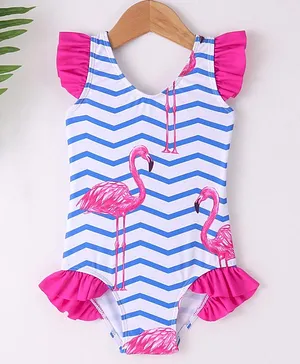 Kookie Kids Short Sleeves V Cut Swimsuit Flamingo Print - Blue
