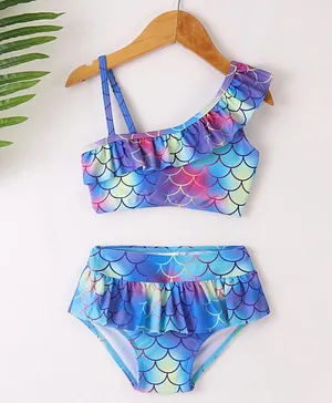Kookie Kids One Shoulder Sleeves 2 Piece Swimsuit Fish Scales Print - Blue