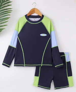 Kookie Kids Raglan Full Sleeves Two Piece Swimsuit Solid Colour Block Design - Green
