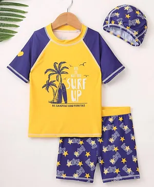 Kookie Kids Half Sleeves Two Piece Swimsuit Surf Print - Yellow
