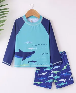 Kookie Kids Raglan Full Sleeves Two Piece Swimsuit Shark Print - Blue
