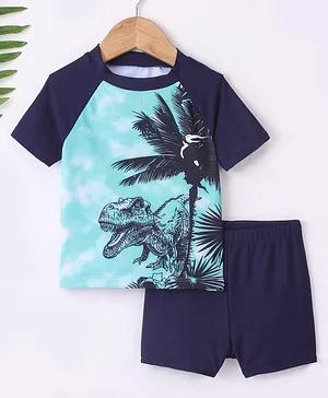 Kookie Kids Half Sleeves Two Piece Swimsuit  Dino Print - Navy Blue