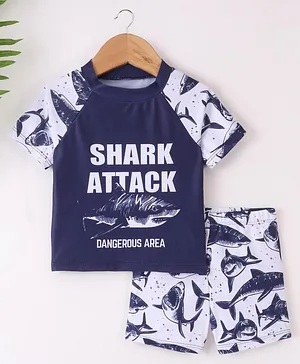 Kookie Kids Raglan Half Sleeves Two Piece Swimsuit Shark Print - Blue