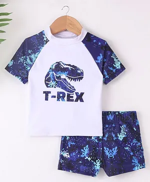 Kookie Kids Half Sleeves Two Piece Swimsuit T-Rex Print - White