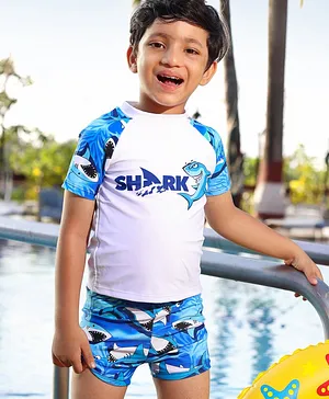 Kookie Kids Raglan Half Sleeves Two Piece Swimsuit Shark Print - White