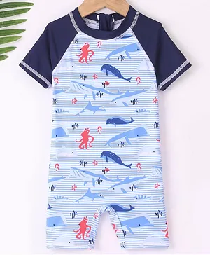 Kookie Kids Half Sleeves Swimsuit Legged Aquatic Animals Printed - Blue