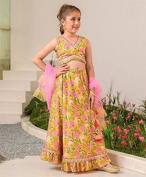 Pspeaches Sleeveless Motif Printed Gota Patti Detailed Lehenga Choli With Dupatta - Mustard Yellow