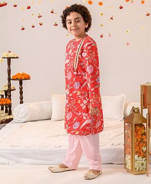 Pspeaches Full Sleeves Floral Printed Kurta Pajama Set -  Red