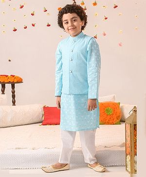 Pspeaches Full Sleeves All Over Flower Motif Printed Kurta With Shimmer Lines Designed Jacket & Pyjama - Blue