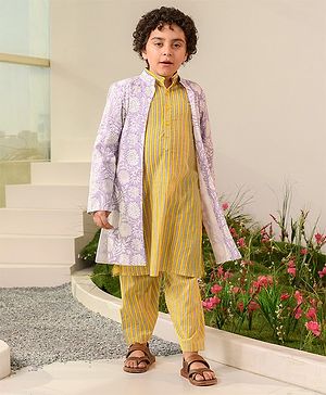 Pspeaches Full Sleeves Balanced Striped Kurta & Pyjama With Seamless Jaipuri Floral Printed Jacket - Yellow