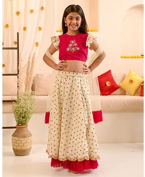 Pspeaches Cap Frill Sleeves Schiffli Floral Embroidered Lehenga Choli With Dupatta - Off White