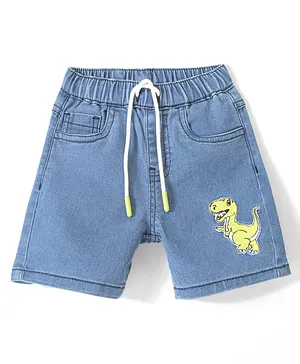 Babyhug Cotton Washed Denim Shorts With Stretch Dino Embroidery - Blue