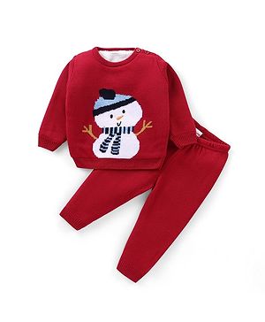 Babyhug  Full Sleeves Sweater Set With Snow Man Design - Red