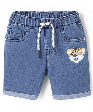 Babyhug Cotton Spandex Above Knee Length Stretchable Denim Shorts with Tiger Embroidery - Blue