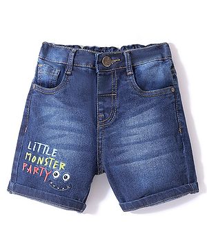Babyhug Cotton Mid Thigh Denim & Stretch Shorts With Text Embroidery   Fly With Zipper -  Blue