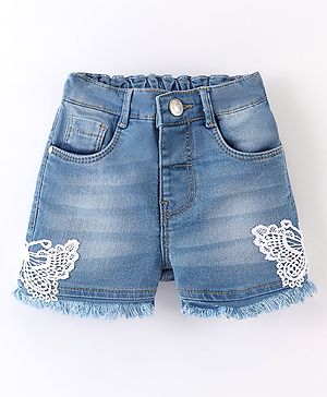 Babyhug Cotton Mid Thigh Length Washed Stretchable Denim Shorts Lace Detailing - Blue