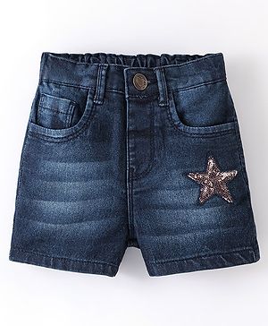 Babyhug Cotton Mid Thigh Length Washed Stretchable Denim Shorts Sequins Detailing - Blue