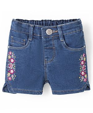 Babyhug Cotton Spandex Mid Thigh Length Stretchable Washed Denim Shorts Floral Embroidery - Blue